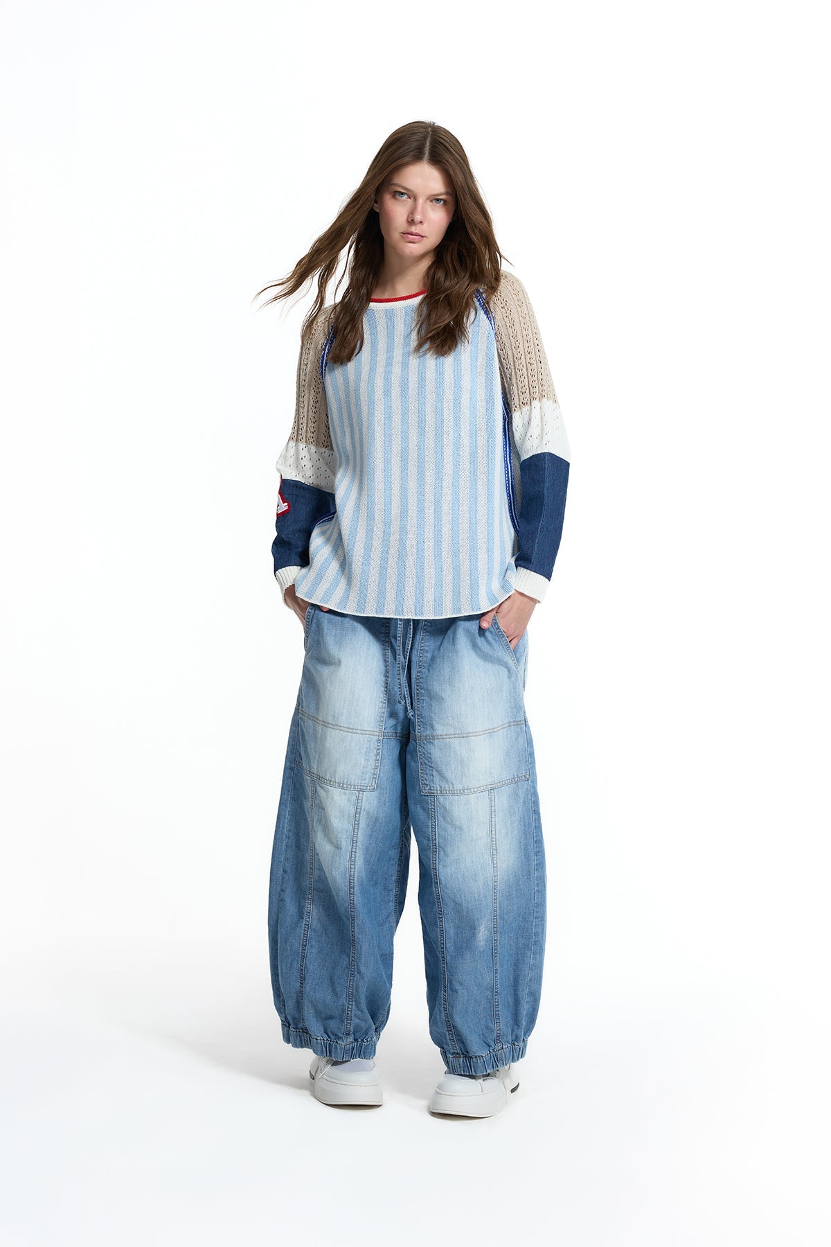 Light Blue Striped Raglan Knit Sweater 19161