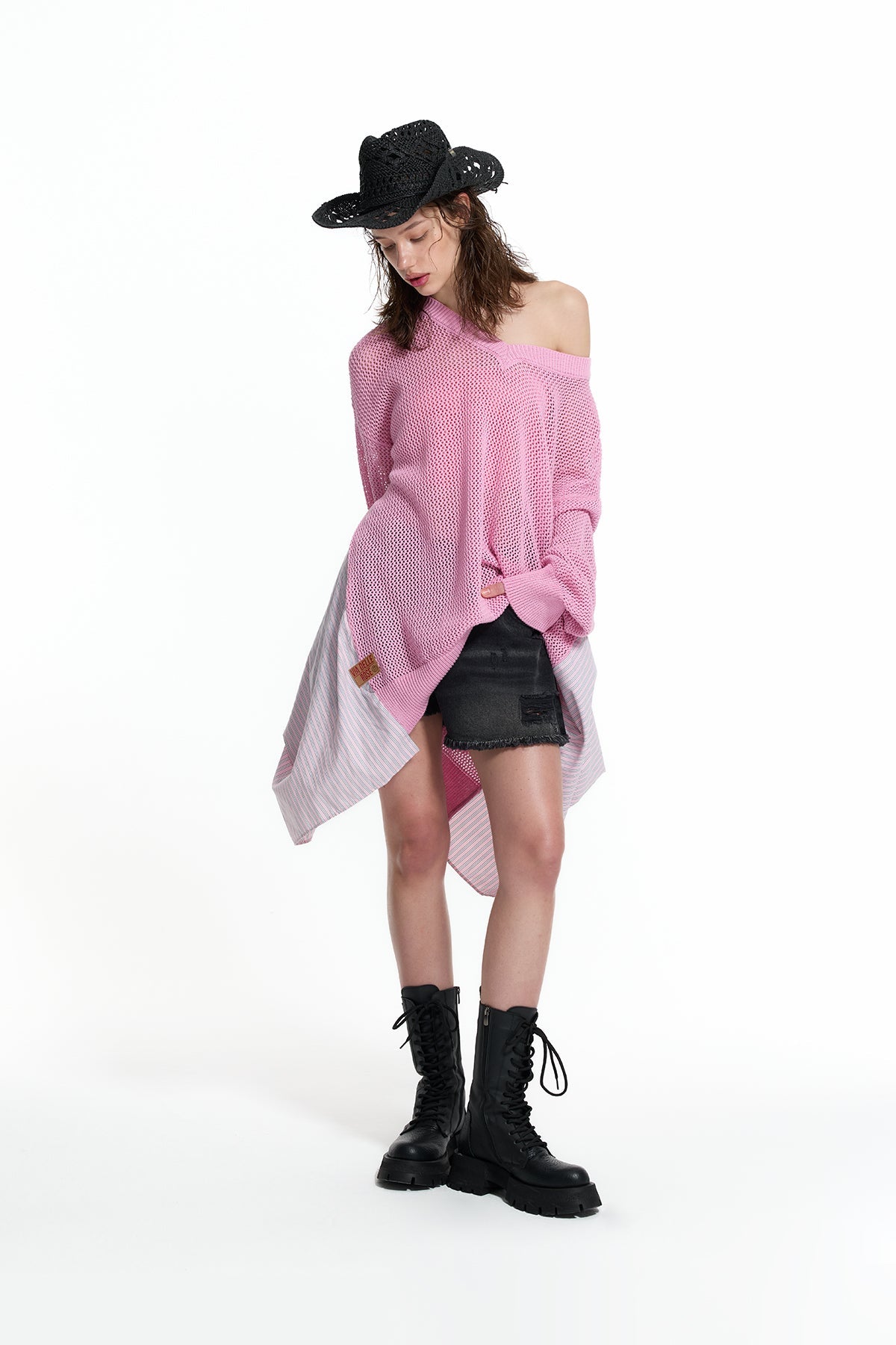 Pink Asymmetric Panel Knit Sweater 19162