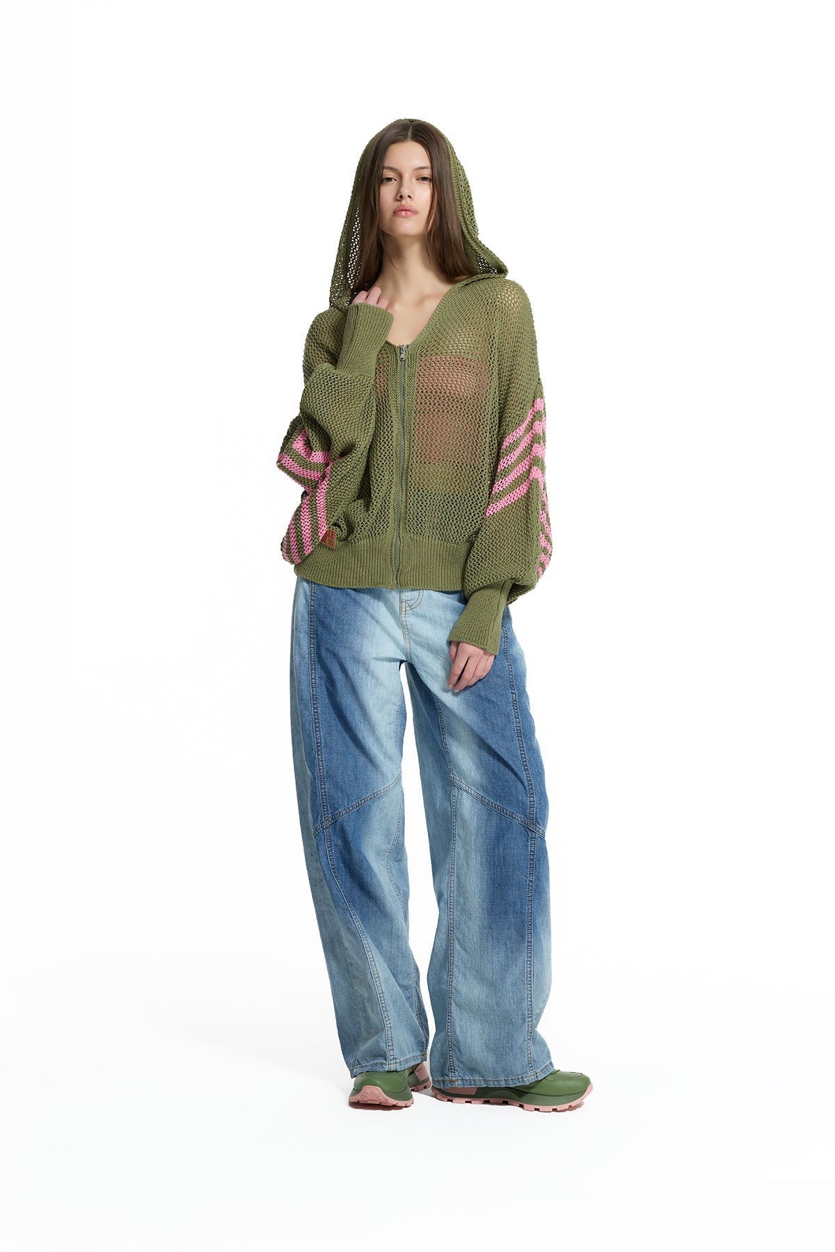 Khaki Pink Openwork Stripe Knit Sweater 19165