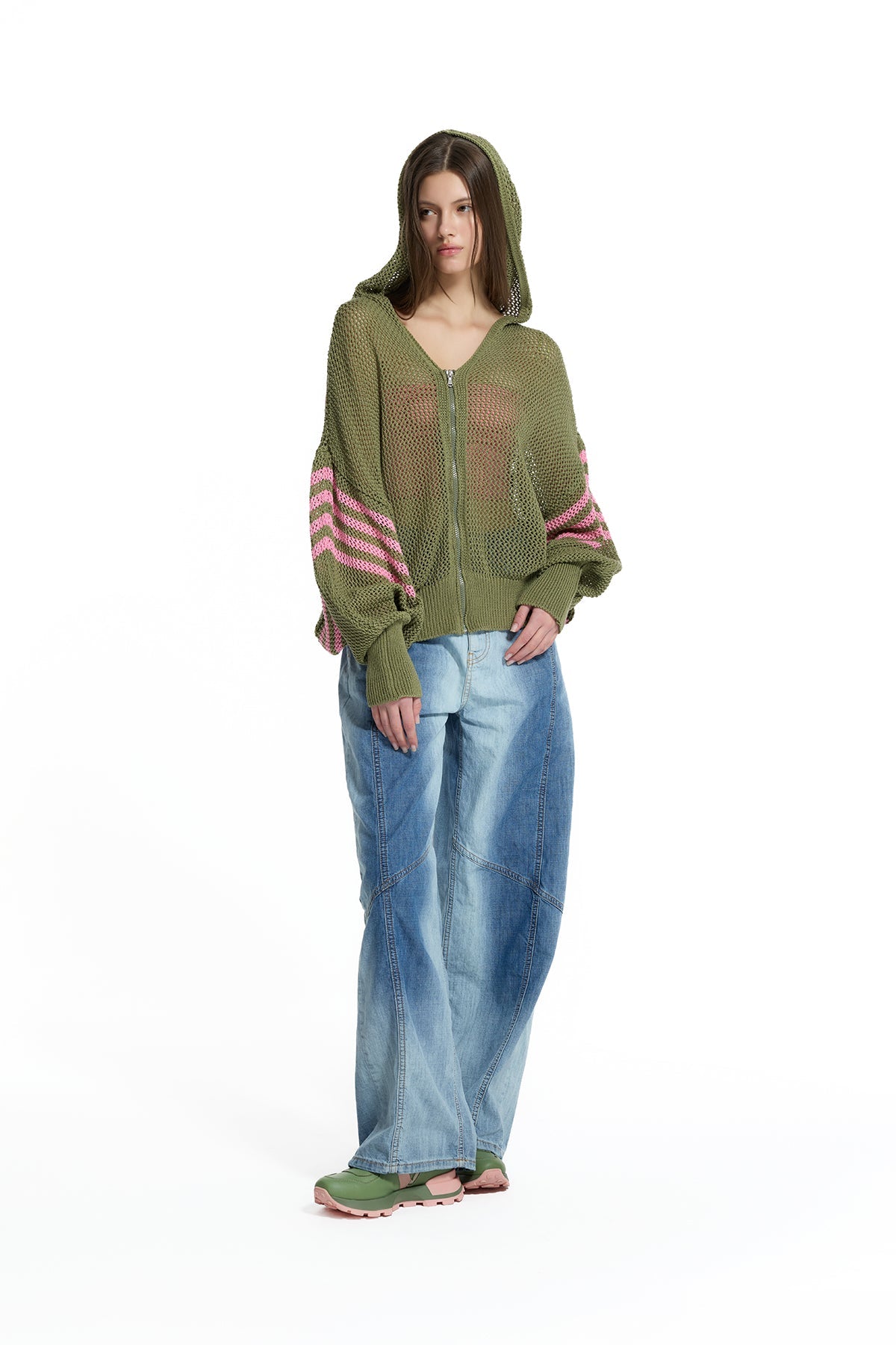 Khaki Pink Openwork Stripe Knit Sweater 19165