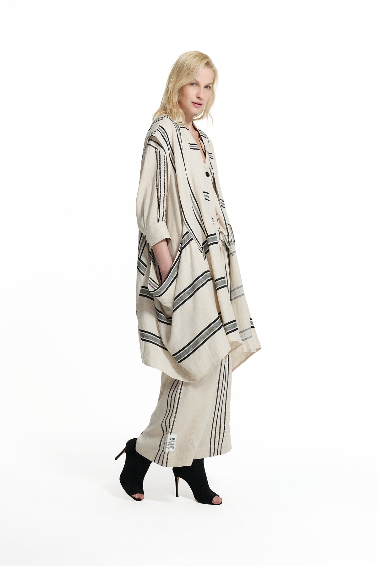 Beige Black Striped Linen Long Coat 19180