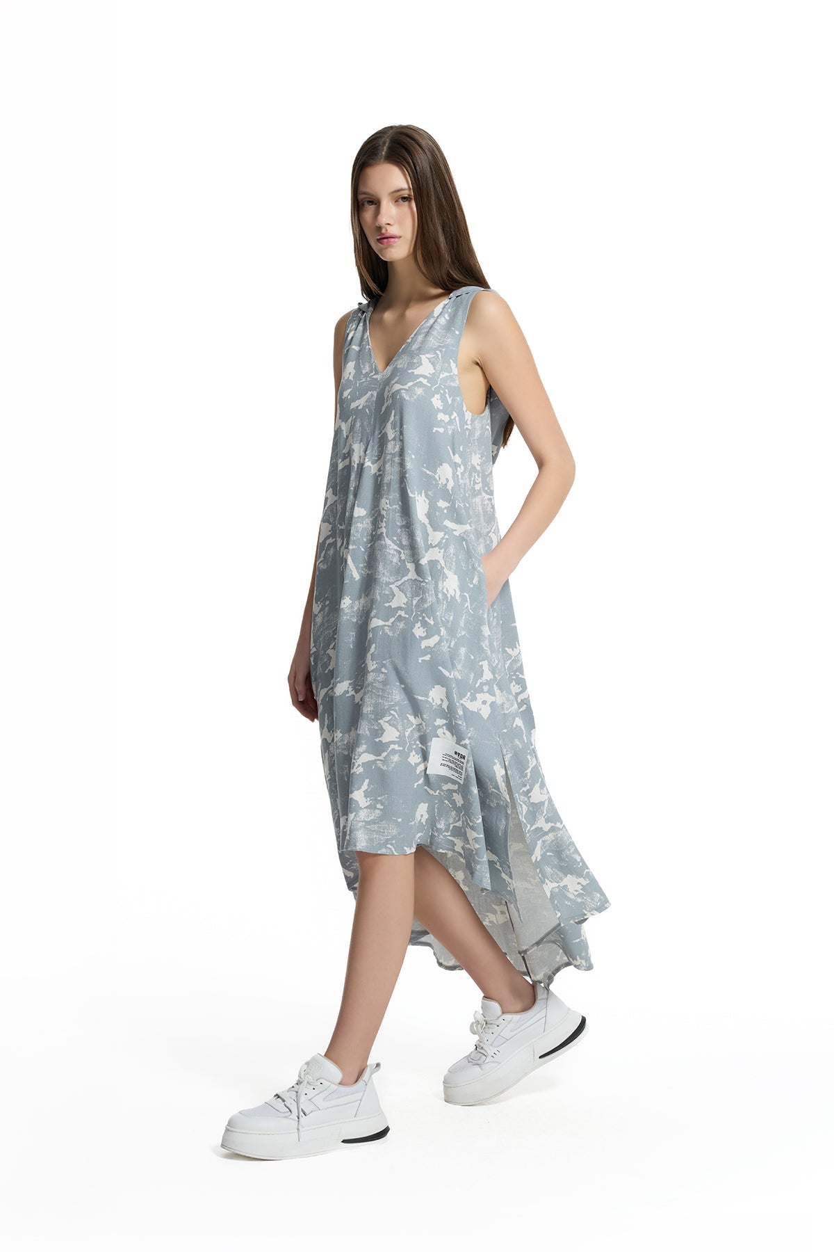Grey Off White Hooded Asymmetric Printed Midi Dress 19189