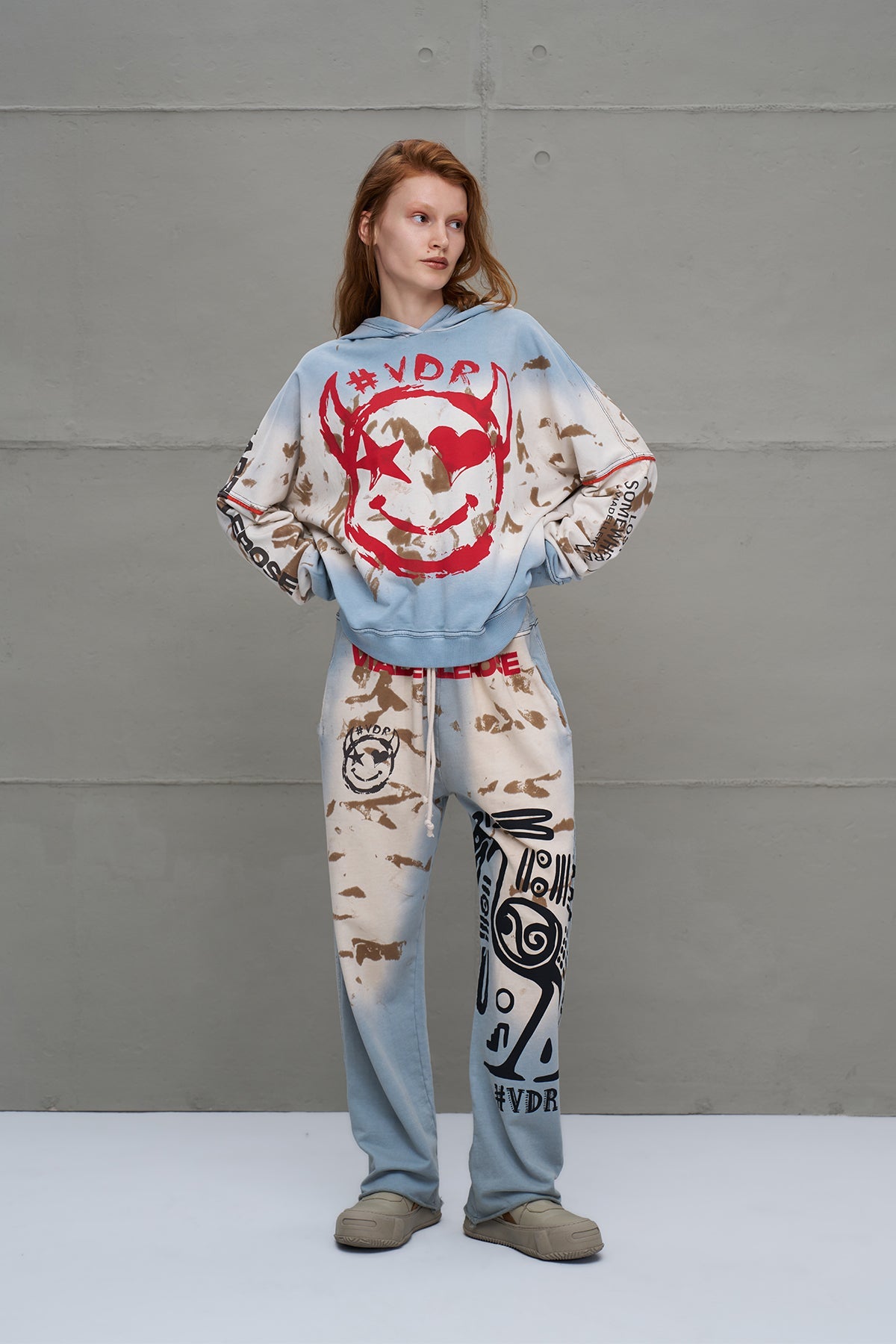 Blue Beige Distressed Print Oversize Trousers 18002