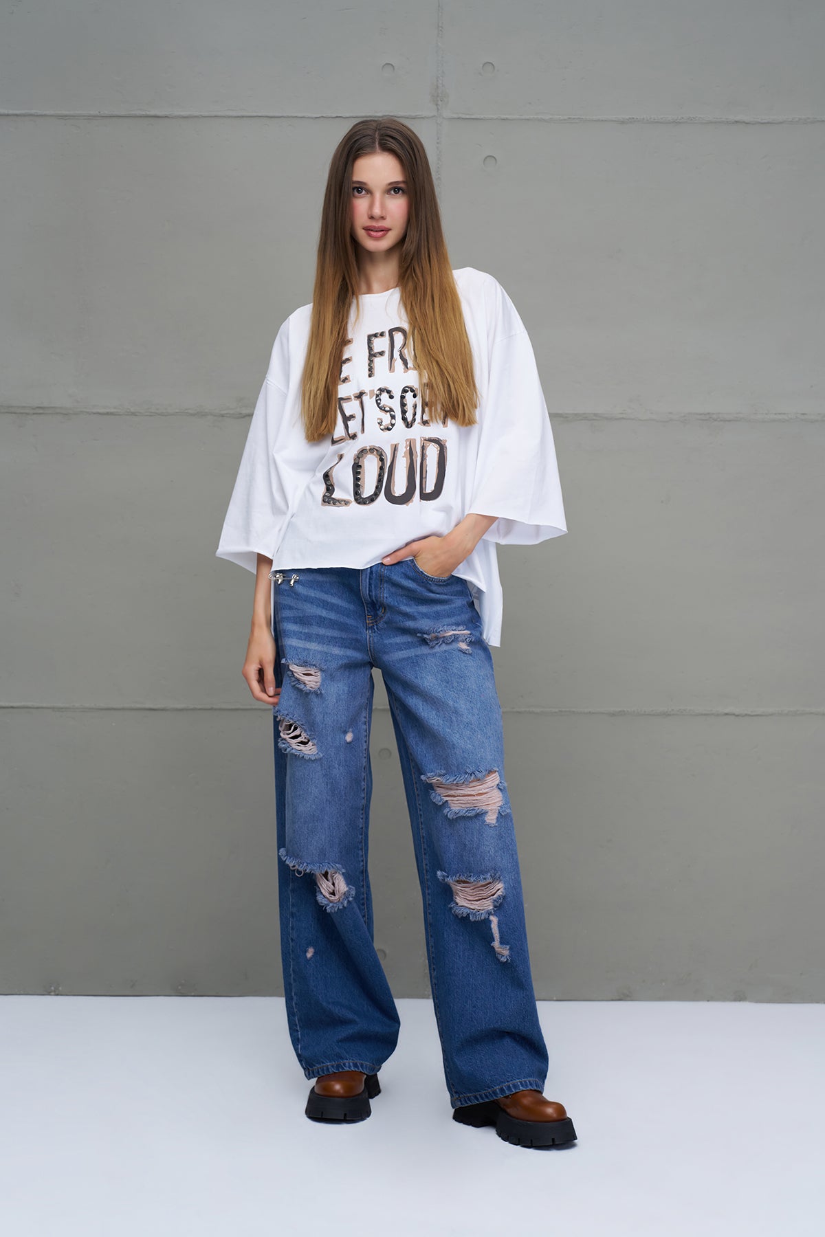White Slogan Asymmetric Oversized T-shirt 18035