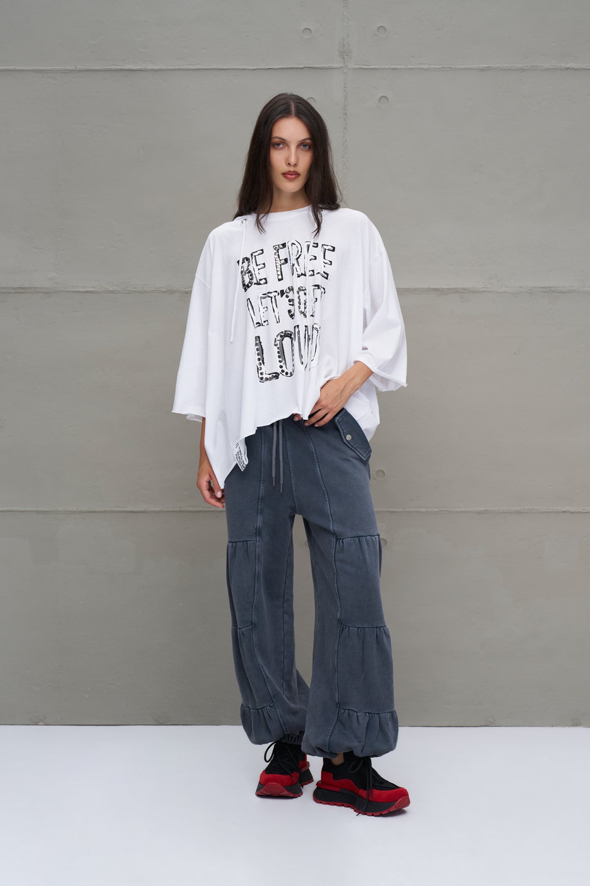 White Slogan Asymmetric Oversized Hooded T-shirt 18042