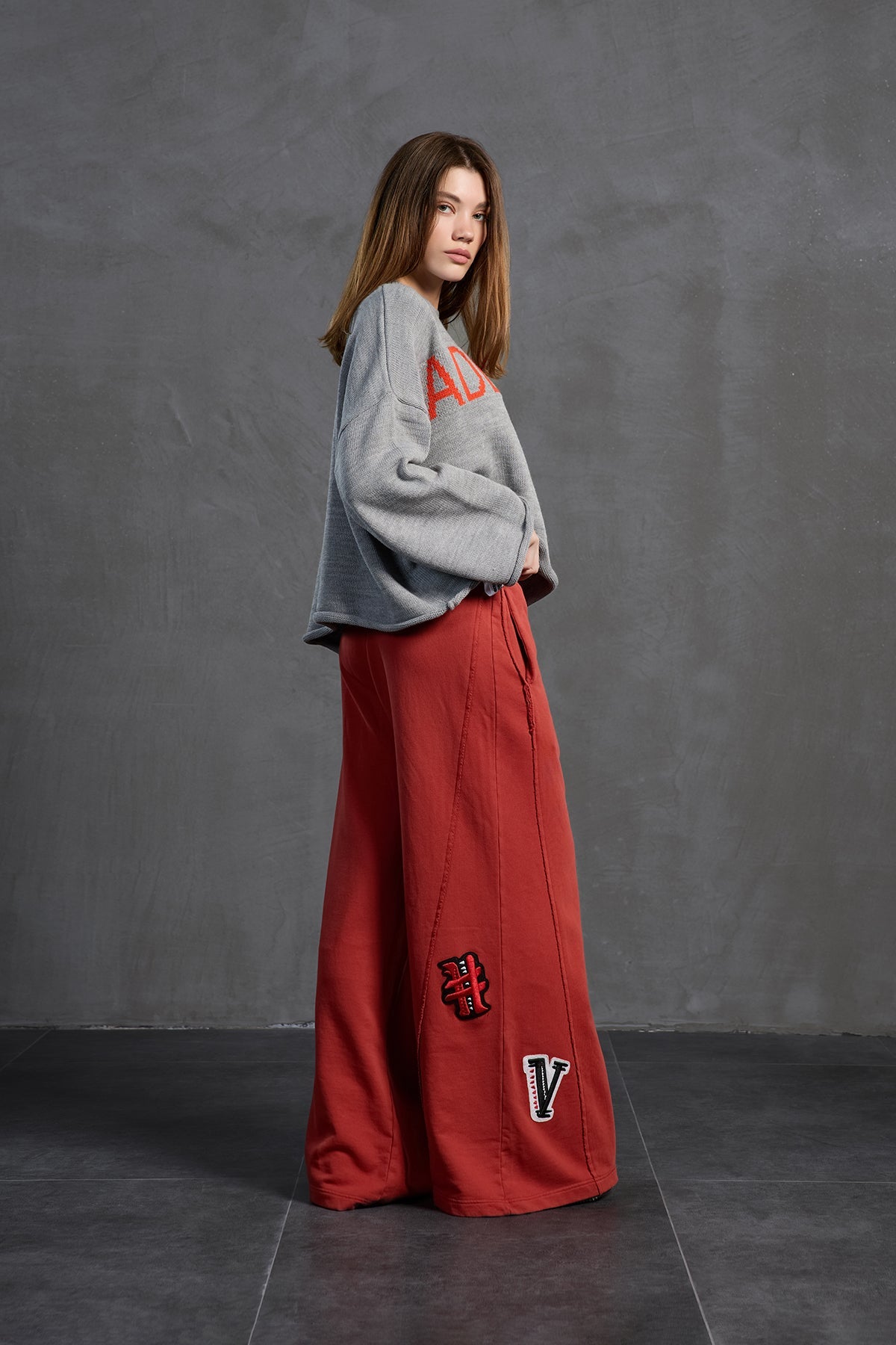 Grey Melange Printed Oversized Knit Sweater 18057