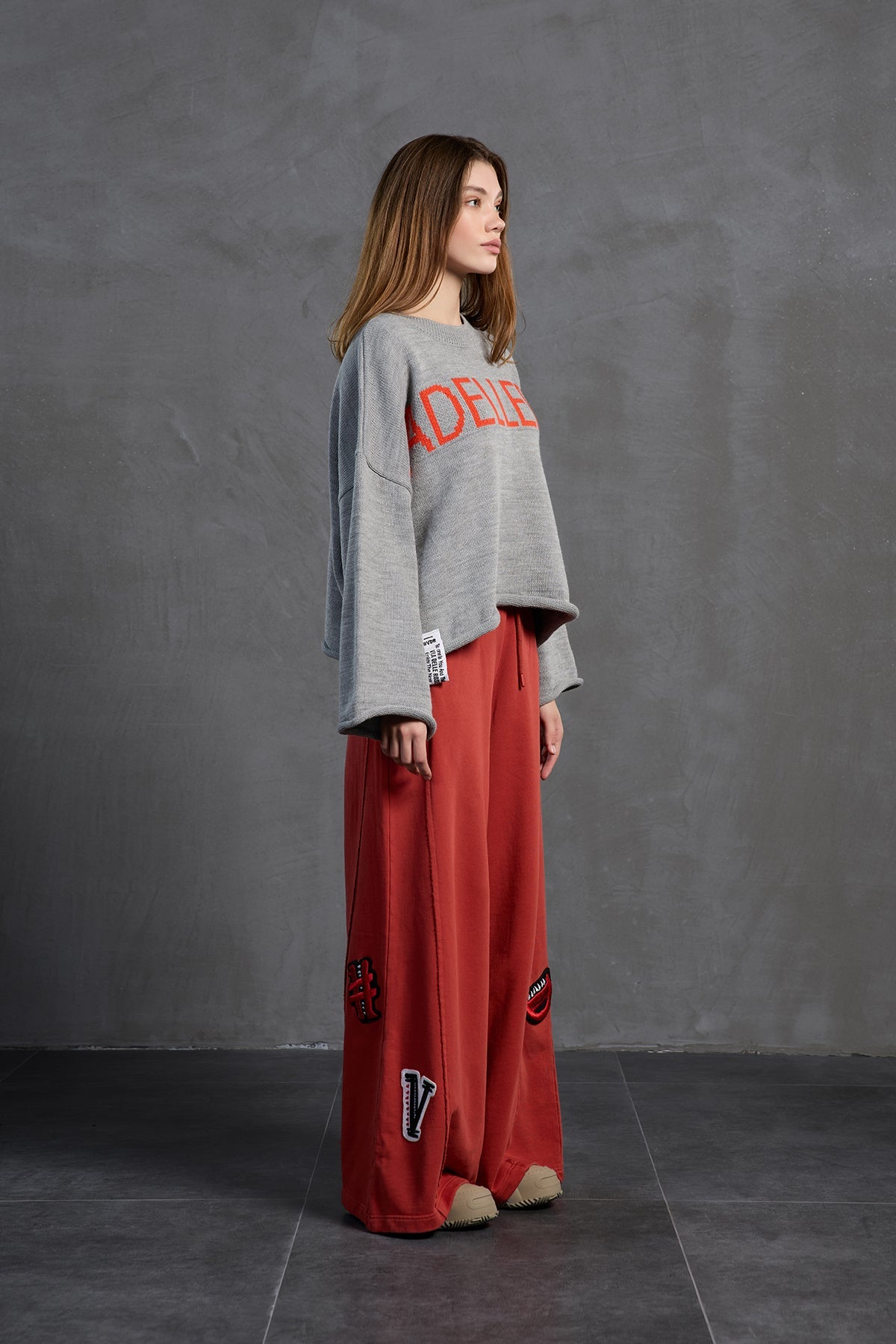 Grey Melange Printed Oversized Knit Sweater 18057