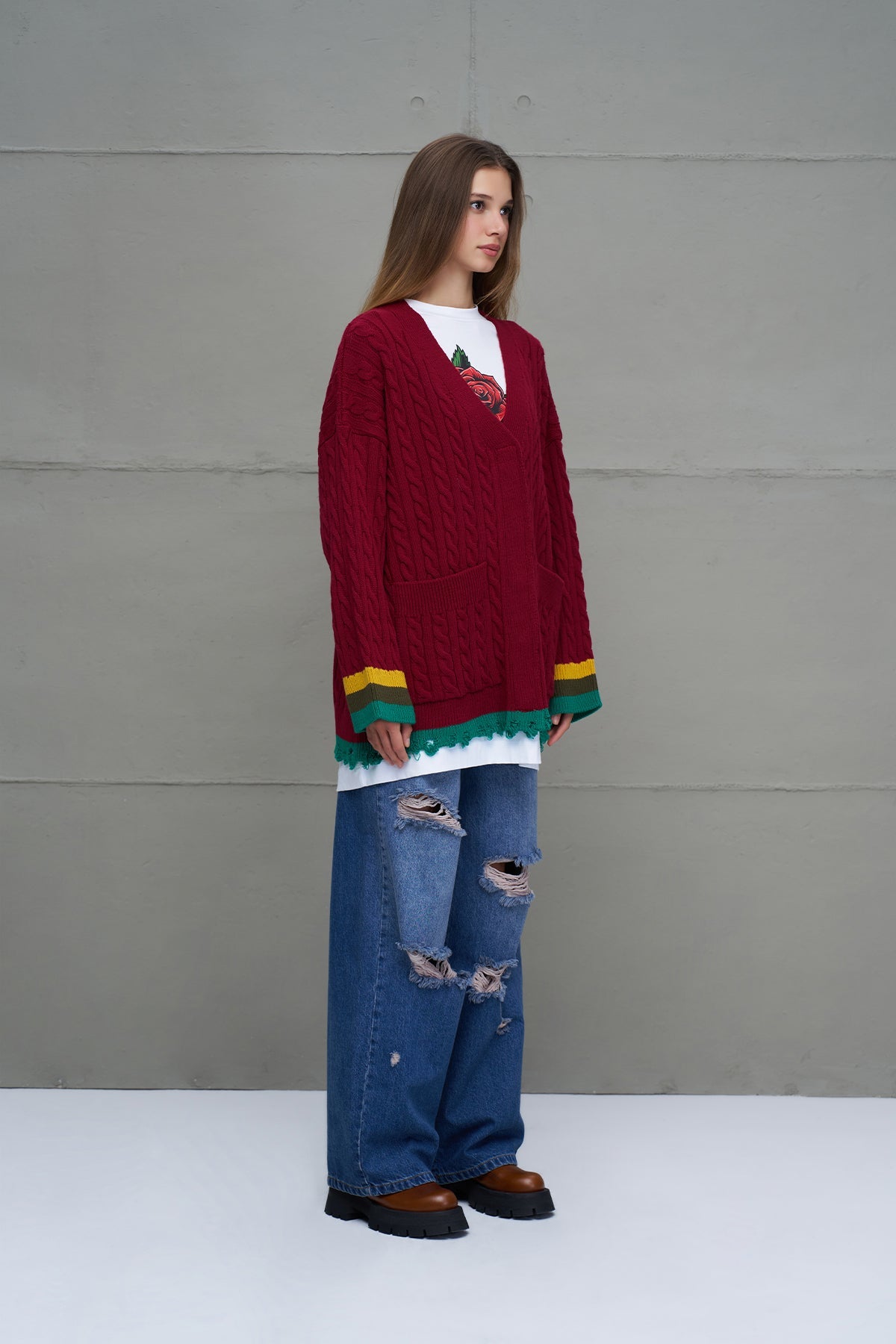 Burgundy Logo Print Oversize Knit Cardigan 18063