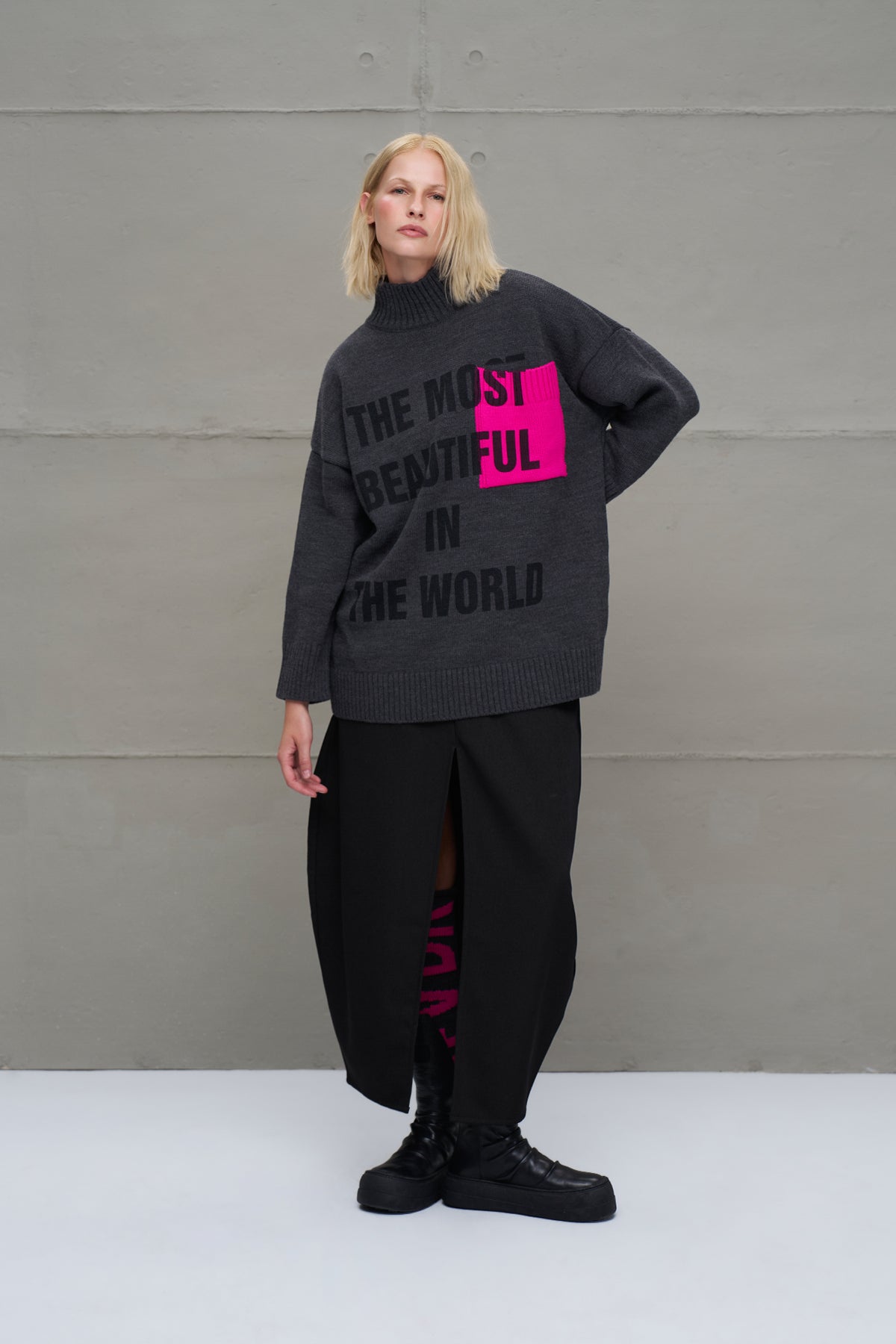 Anthracite Melange Slogan Oversized Knit Sweater 18075