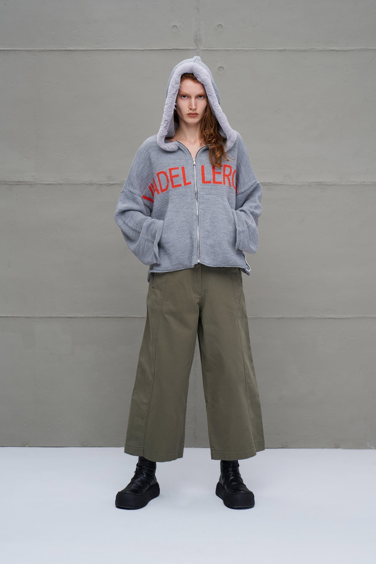 Grey Melange Zip-up Lettering Oversized Knit Sweater 18076