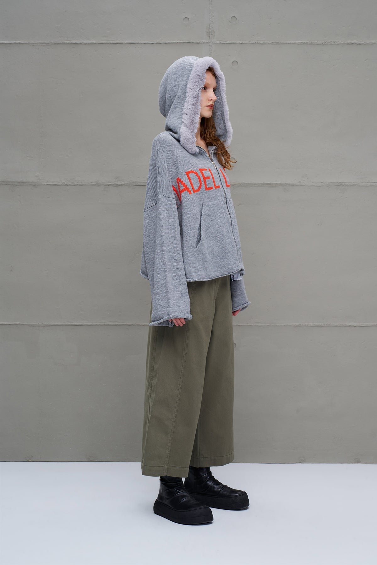 Grey Melange Zip-up Lettering Oversized Knit Sweater 18076