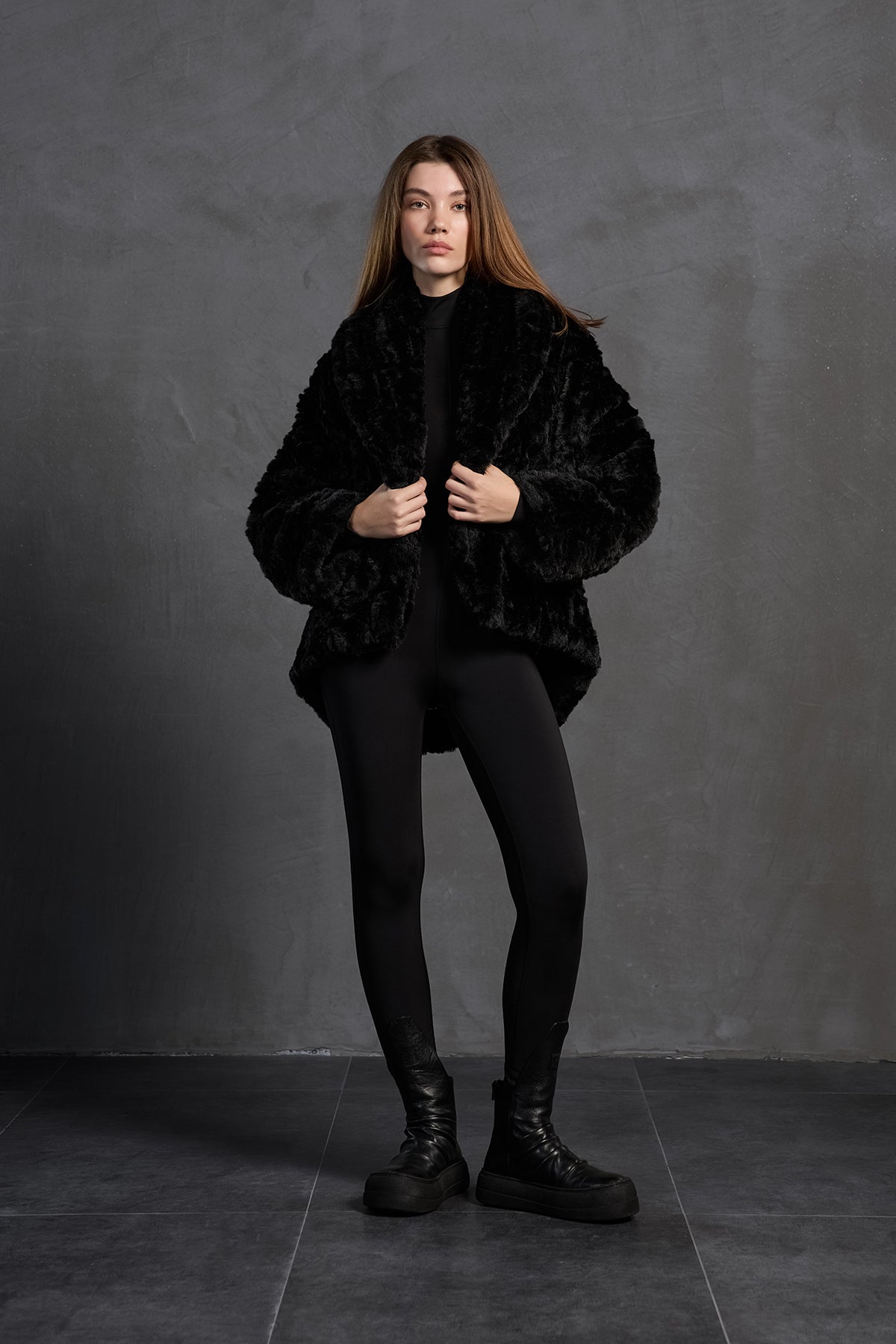 Black Faux Fur Oversized Coat 18185