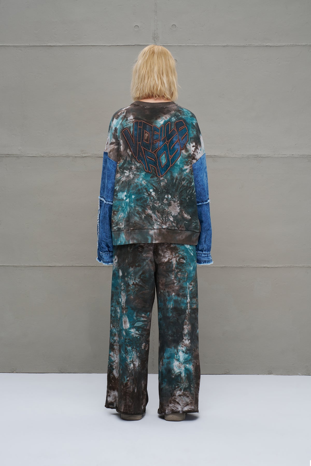 Brown Green Denim Sleeve Tie-dye Oversize Sweatshirt 18221
