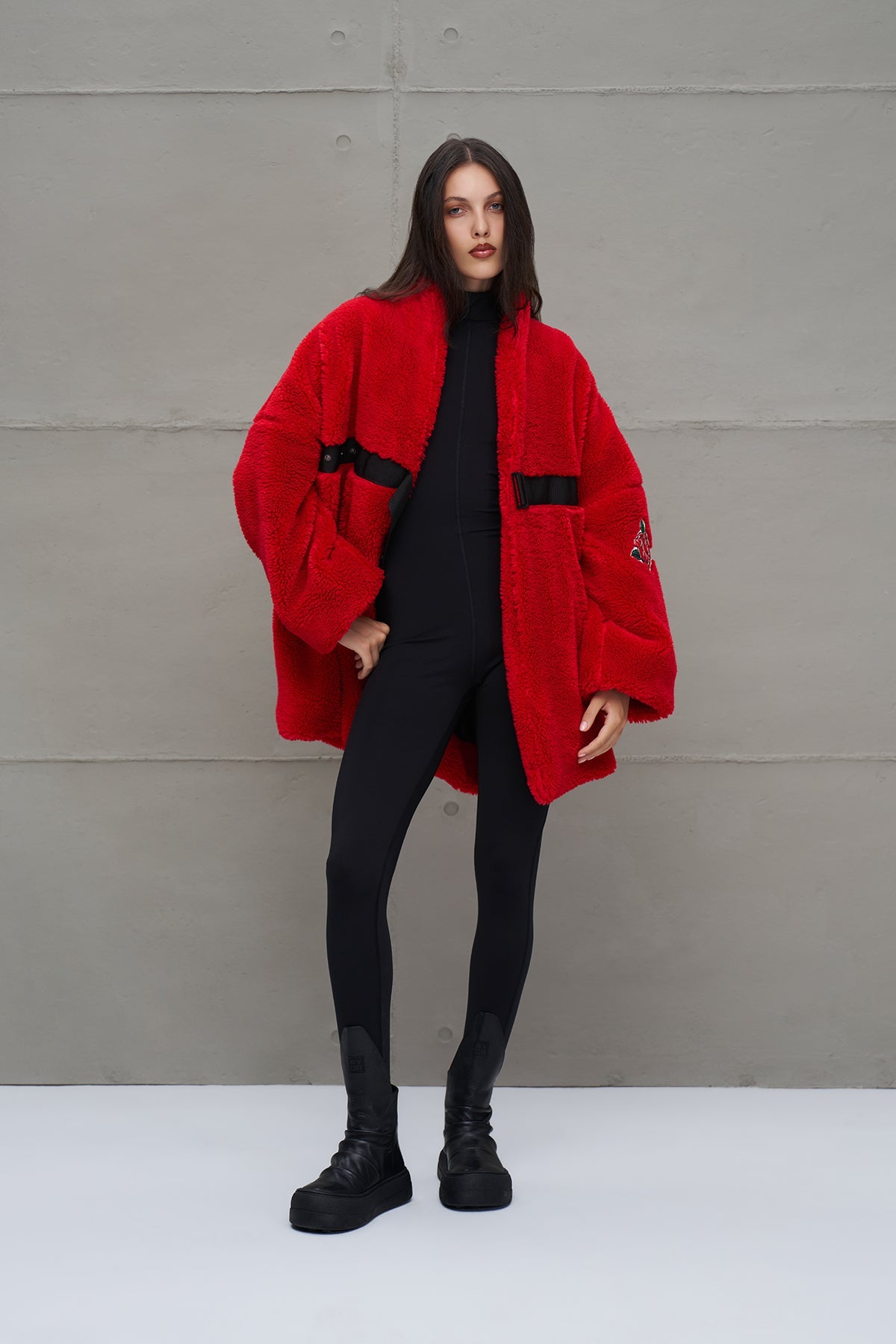 Red Faux Fur Look Belted Oversize Coat 18238