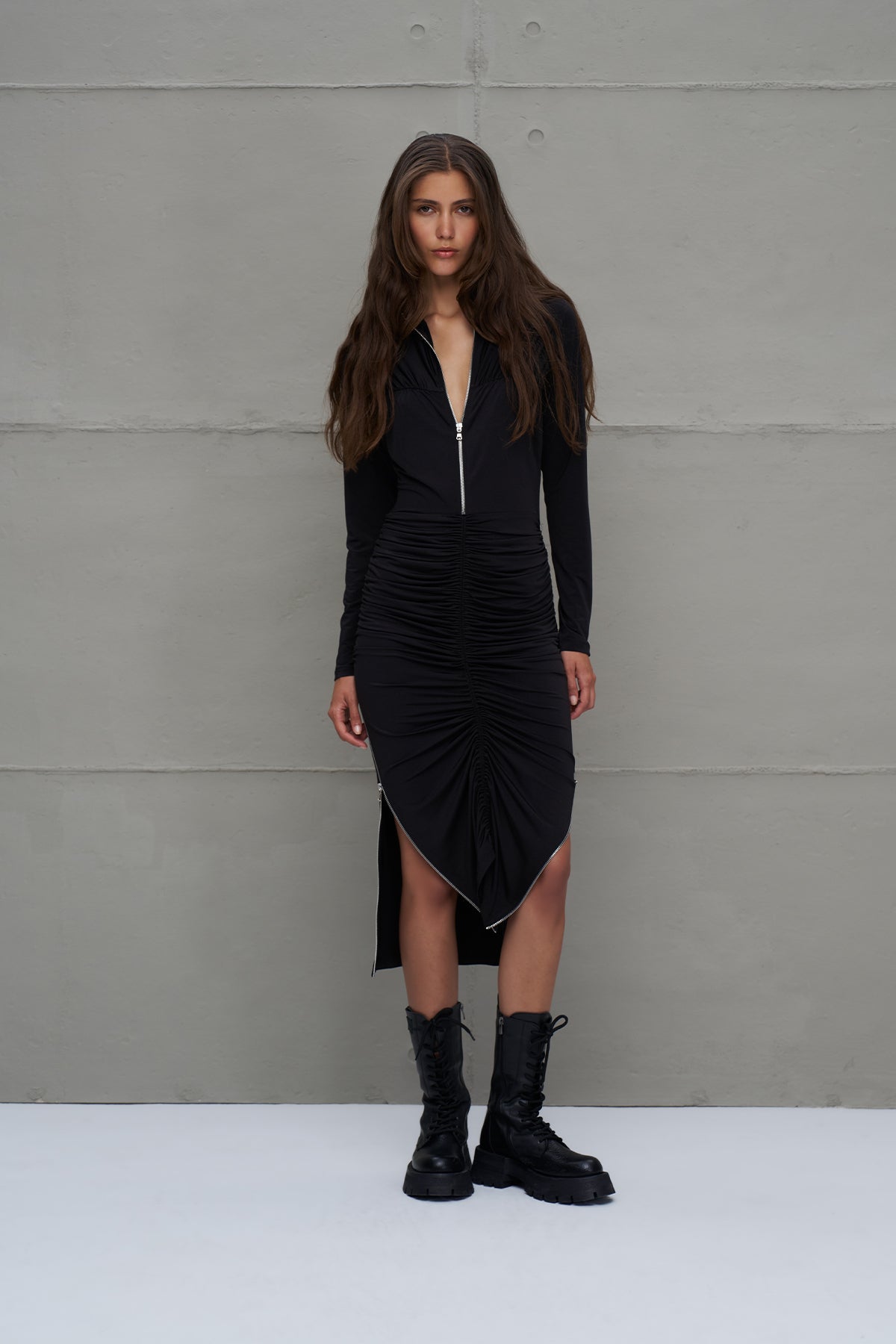 Black Zipper Detail Draped Long Dress 18272