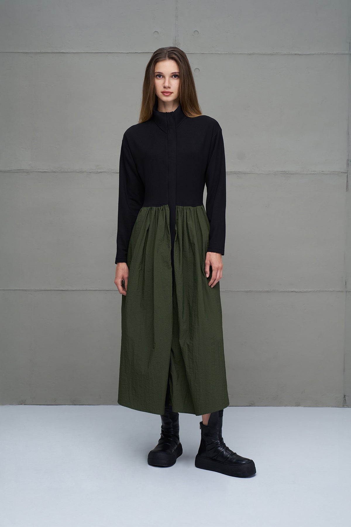 Black Green Zippered Draped Long Dress 18273