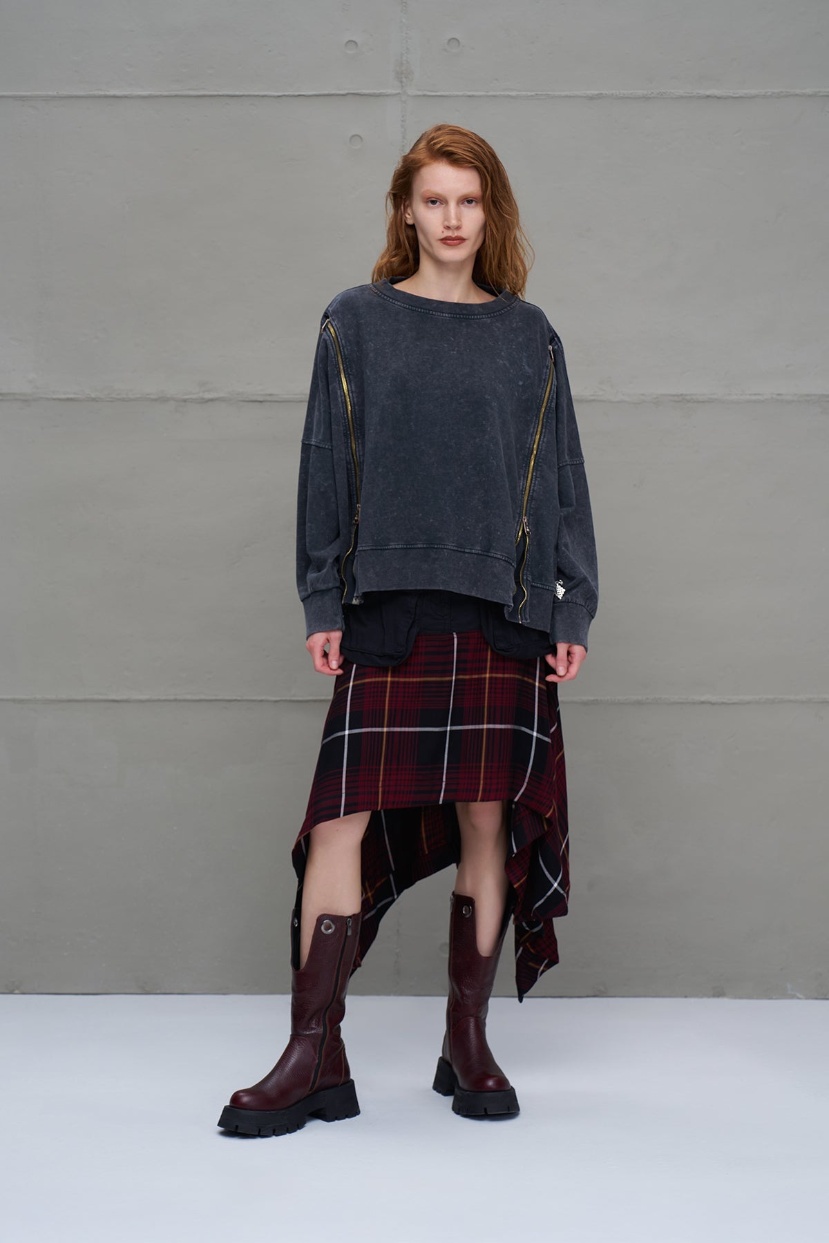 Black Burgundy Plaid Asymmetric Midi Skirt 18292