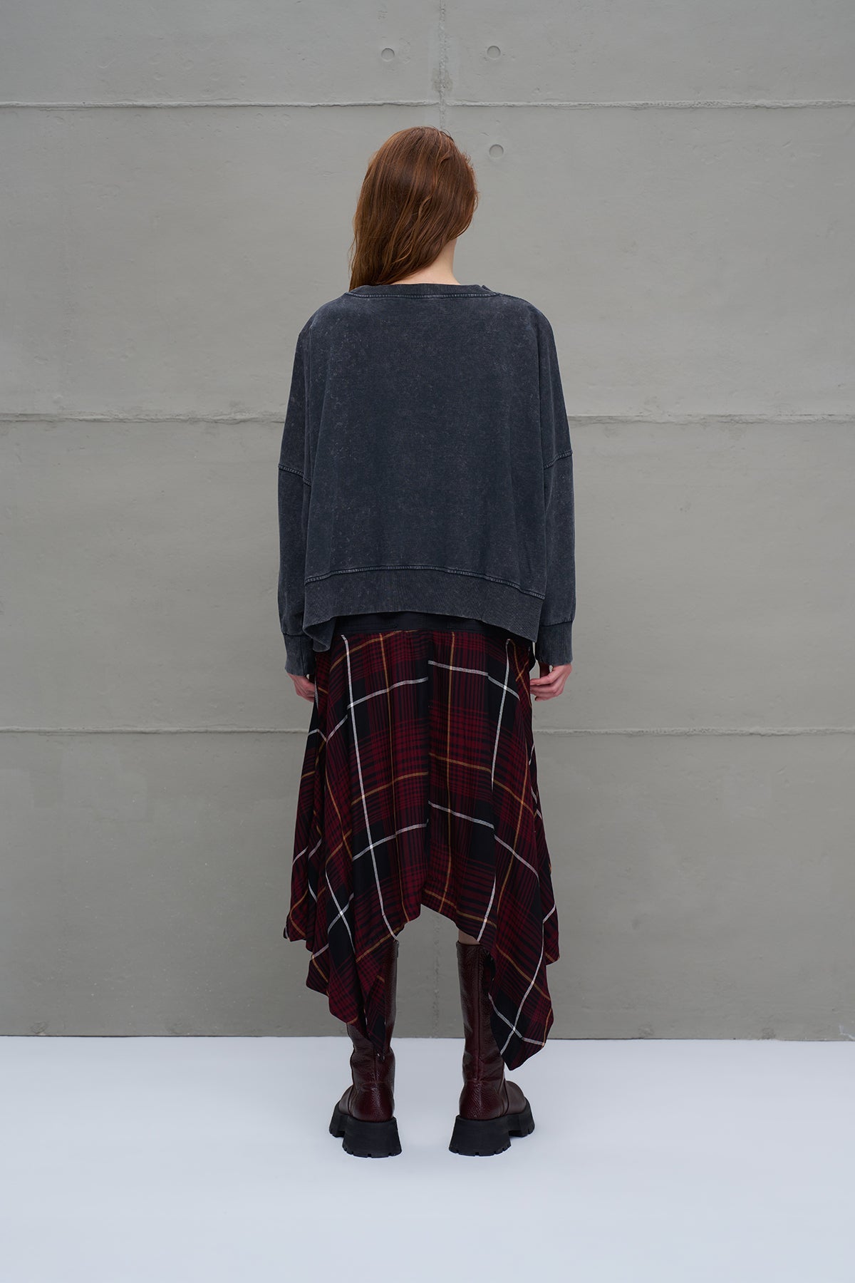 Black Burgundy Plaid Asymmetric Midi Skirt 18292